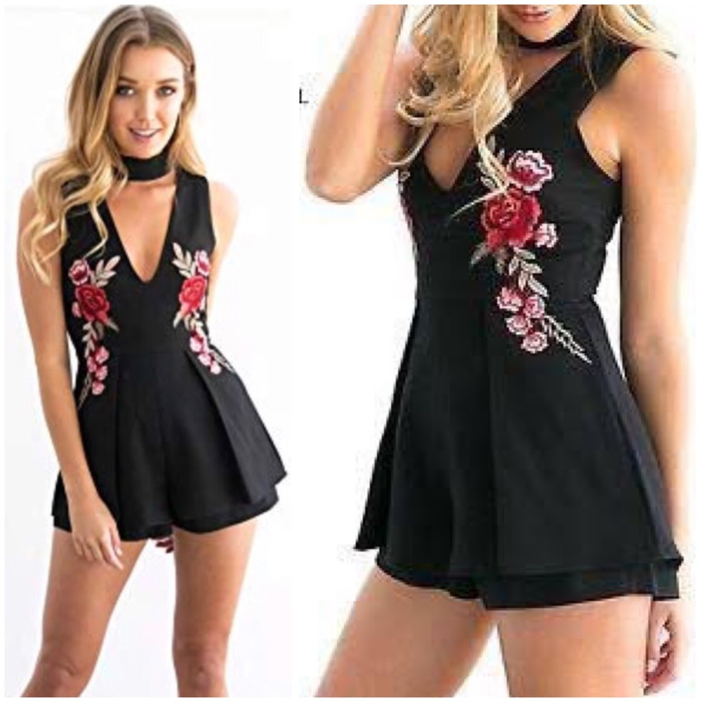 Rose Embroidered Chocker Romper